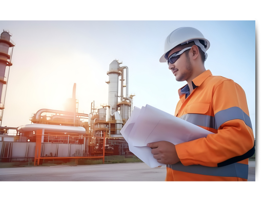 Engineer in an orange safety uniform and white hard hat reviewing blueprints at an industrial oil refinery site with pipelines and processing towers in the background at sunset.