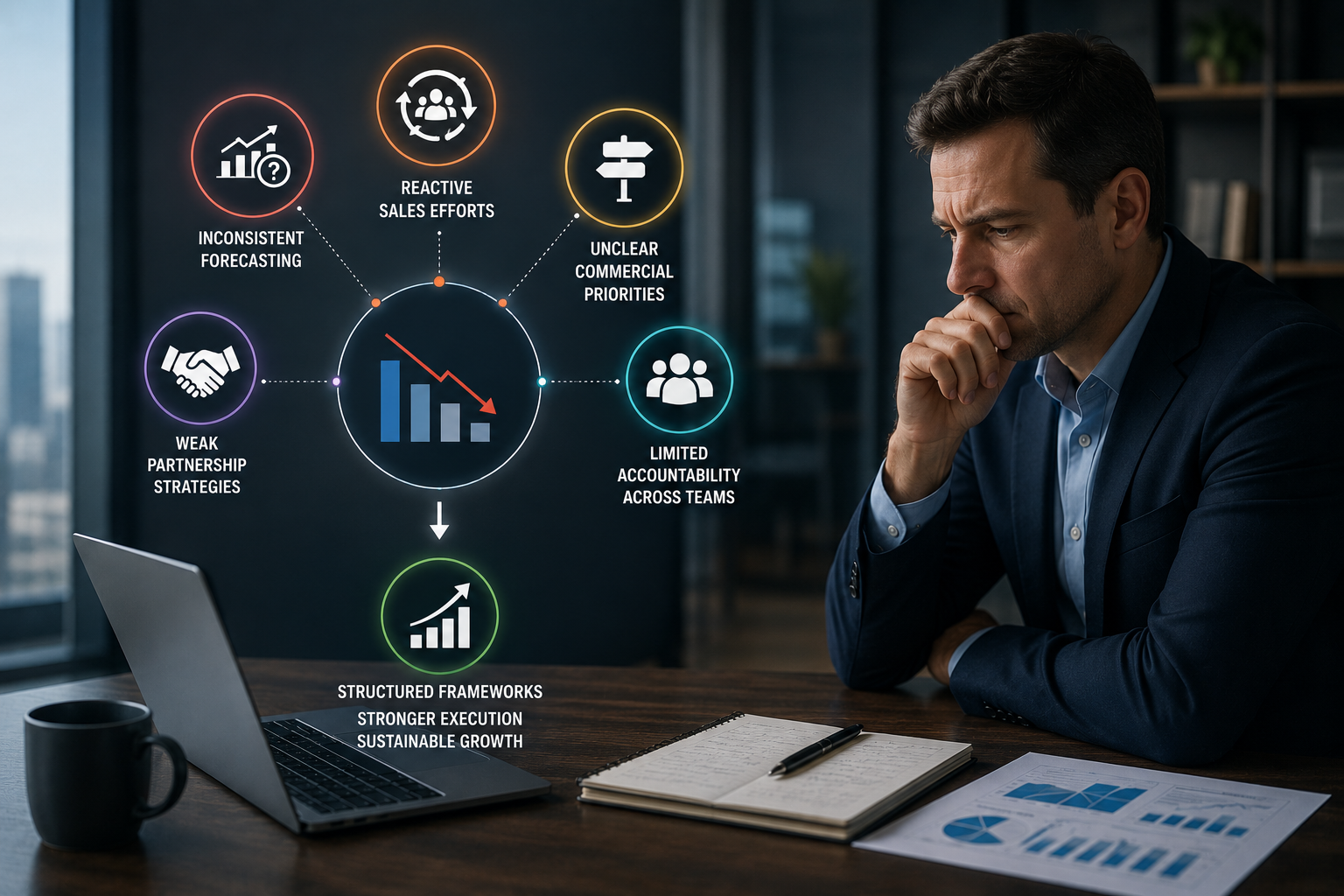 Business executive reviewing declining commercial performance with visual business strategy elements representing forecasting, sales execution, partnerships, accountability, and structured growth planning in a modern corporate office.